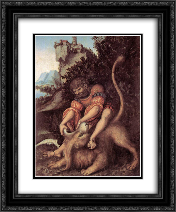 Samson's Fight with the Lion 20x24 Black Ornate Wood Framed Art Print Poster with Double Matting by Cranach the Elder, Lucas