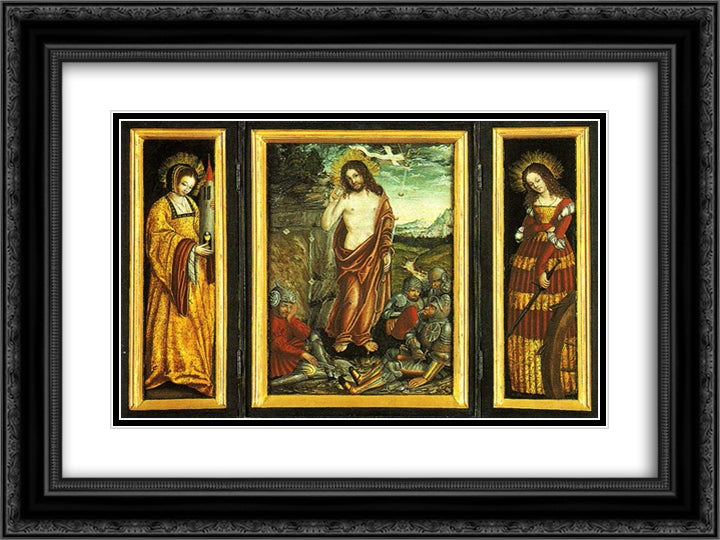 Small winged altar with the Resurrection of Christ, St. Barbara (Left Wing) and St. Catharine (right Wing) 24x18 Black Ornate Wood Framed Art Print Poster with Double Matting by Cranach the Elder, Lucas