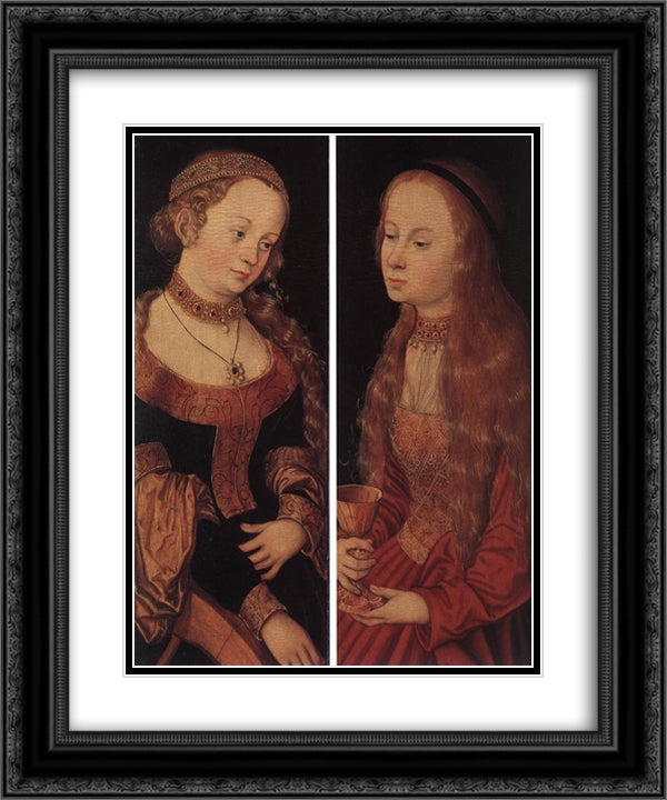 St. Catherine and St. Barbara 20x24 Black Ornate Wood Framed Art Print Poster with Double Matting by Cranach the Elder, Lucas