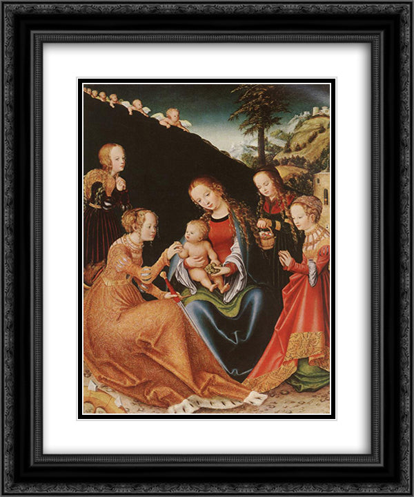 The Mystic Marriage of St. Catherine 20x24 Black Ornate Wood Framed Art Print Poster with Double Matting by Cranach the Elder, Lucas