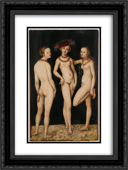 The Three Graces 18x24 Black Ornate Wood Framed Art Print Poster with Double Matting by Cranach the Elder, Lucas