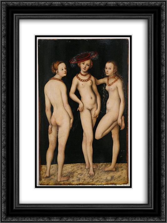 The Three Graces 18x24 Black Ornate Wood Framed Art Print Poster with Double Matting by Cranach the Elder, Lucas