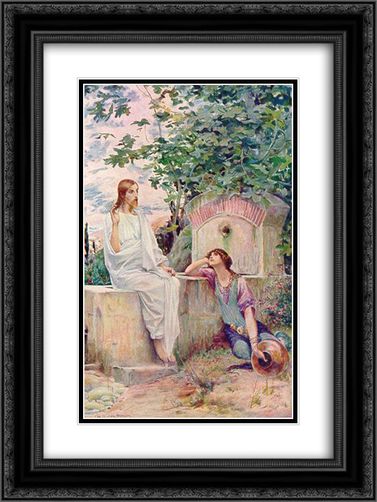 Jesus at the Well 18x24 Black Ornate Wood Framed Art Print Poster with Double Matting by Merson, Luc Olivier