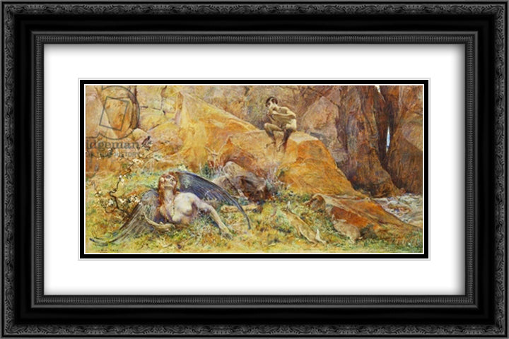 Pan and Chimera (oil on panel) 24x16 Black Ornate Wood Framed Art Print Poster with Double Matting by Merson, Luc Olivier