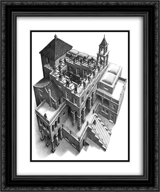 Ascending & Descending 20x24 Black Ornate Wood Framed Art Print Poster with Double Matting by Escher, M.C.