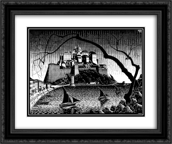 Citadel of Calvi Corsica 24x20 Black Ornate Wood Framed Art Print Poster with Double Matting by Escher, M.C.