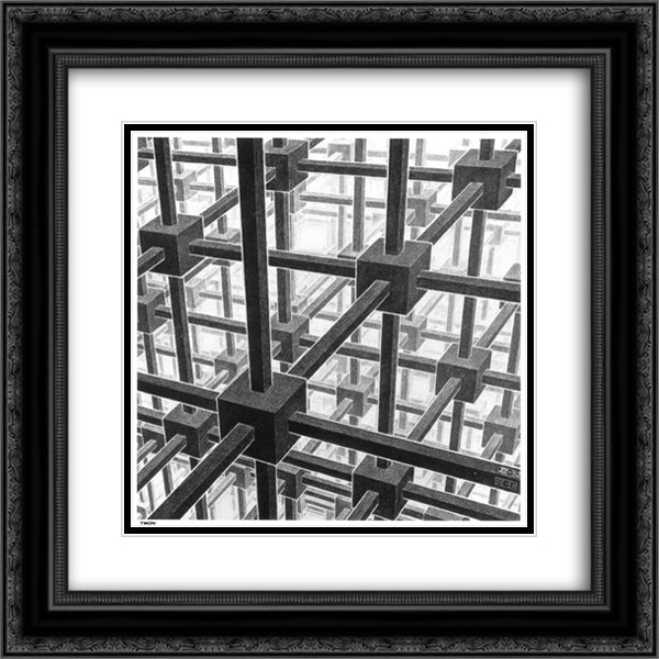 Cubic space division 20x20 Black Ornate Wood Framed Art Print Poster with Double Matting by Escher, M.C.