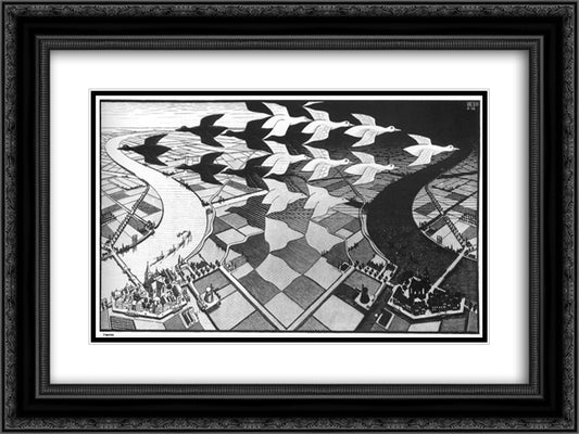 Day and Night 24x18 Black Ornate Wood Framed Art Print Poster with Double Matting by Escher, M.C.