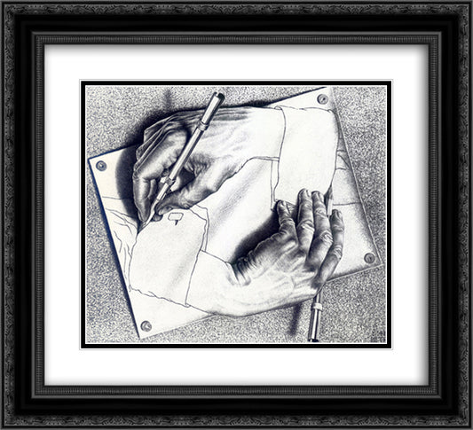 Drawing Hands 22x20 Black Ornate Wood Framed Art Print Poster with Double Matting by Escher, M.C.