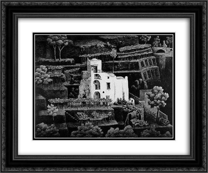 Farmhouse, Ravello 24x20 Black Ornate Wood Framed Art Print Poster with Double Matting by Escher, M.C.