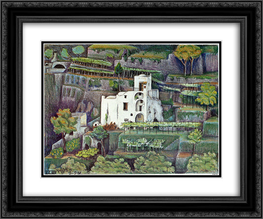 Farmhouse, Ravello colour 24x20 Black Ornate Wood Framed Art Print Poster with Double Matting by Escher, M.C.