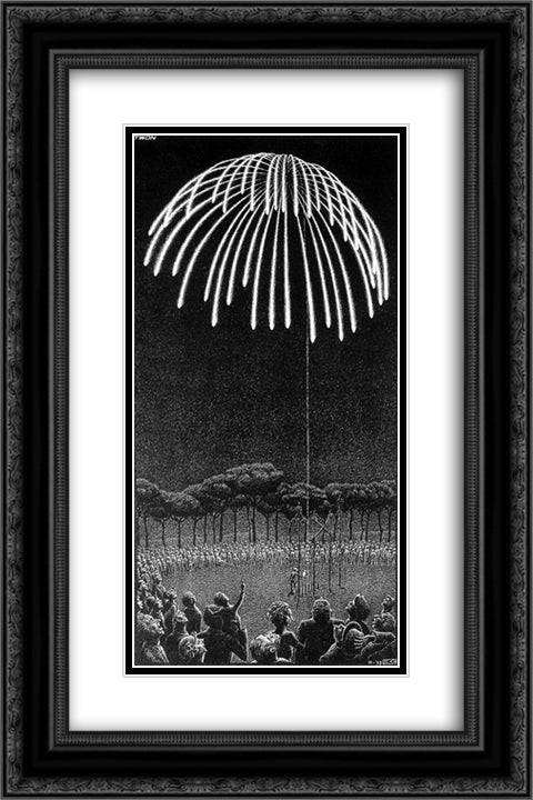 Fireworks 16x24 Black Ornate Wood Framed Art Print Poster with Double Matting by Escher, M.C.