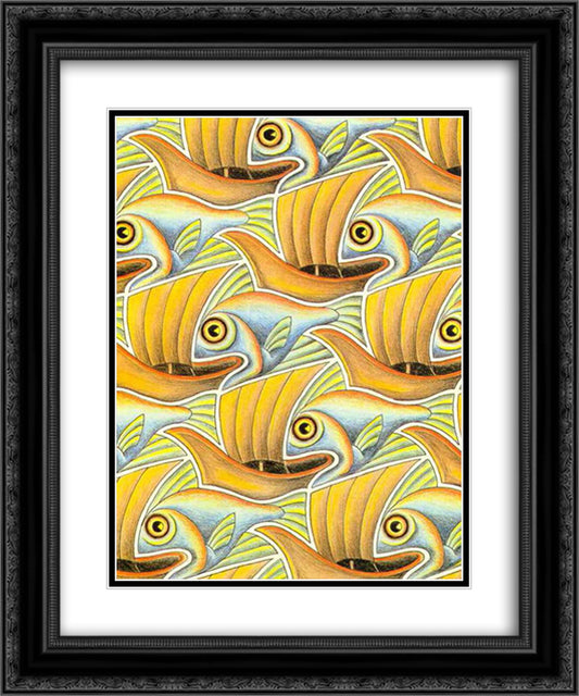 Fish & Boat 20x24 Black Ornate Wood Framed Art Print Poster with Double Matting by Escher, M.C.