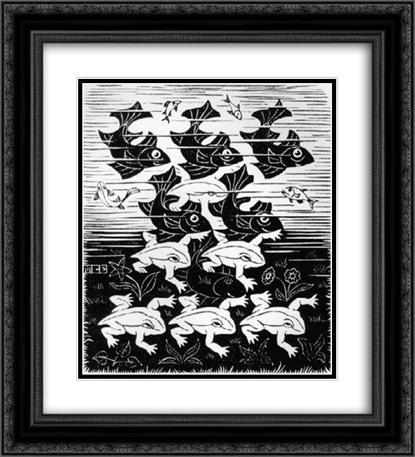 Fish and Frogs 20x22 Black Ornate Wood Framed Art Print Poster with Double Matting by Escher, M.C.