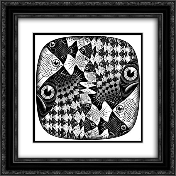 Fishes and Scales 20x20 Black Ornate Wood Framed Art Print Poster with Double Matting by Escher, M.C.