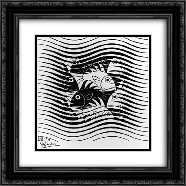 Fishes in Waves 20x20 Black Ornate Wood Framed Art Print Poster with Double Matting by Escher, M.C.