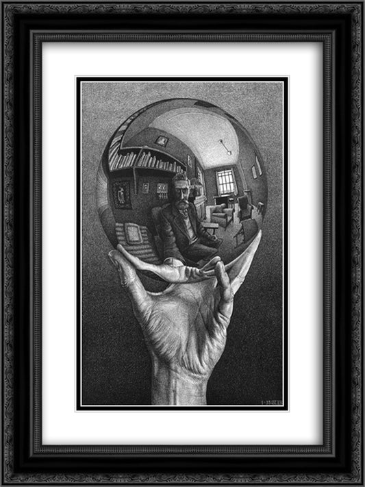 Hand with Reflecting Sphere 18x24 Black Ornate Wood Framed Art Print Poster with Double Matting by Escher, M.C.