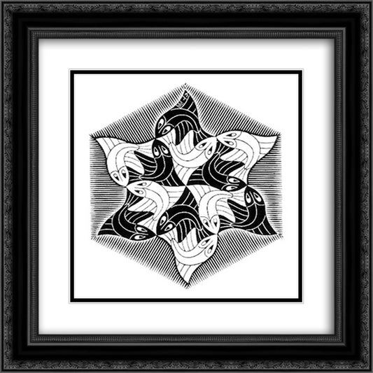 Hexagonal Fish Vignette 20x20 Black Ornate Wood Framed Art Print Poster with Double Matting by Escher, M.C.