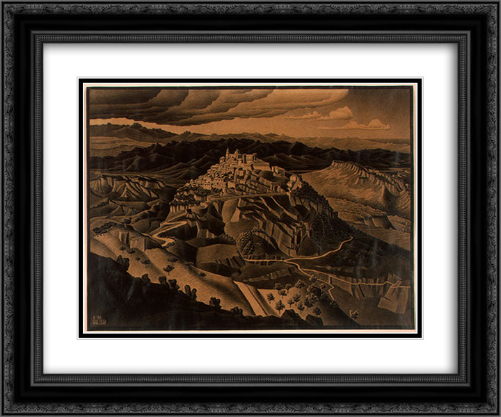 Italian Town 24x20 Black Ornate Wood Framed Art Print Poster with Double Matting by Escher, M.C.