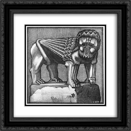 Lion of The Fountain in The Piazza al Ravello 20x20 Black Ornate Wood Framed Art Print Poster with Double Matting by Escher, M.C.