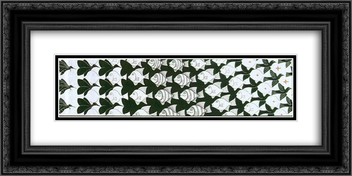 Metamorphosis II excerpt 4 24x12 Black Ornate Wood Framed Art Print Poster with Double Matting by Escher, M.C.