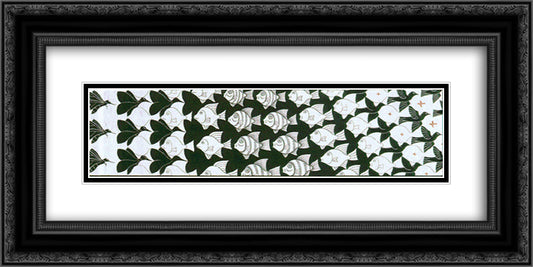 Metamorphosis II excerpt 4 24x12 Black Ornate Wood Framed Art Print Poster with Double Matting by Escher, M.C.