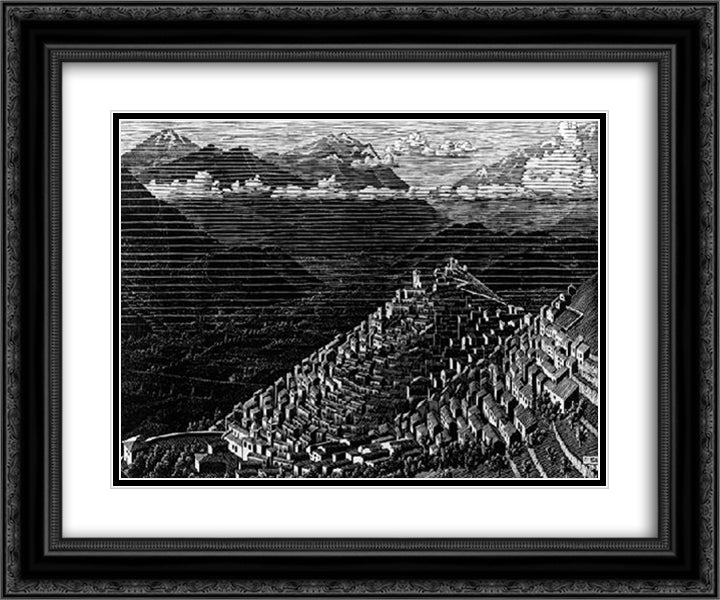 Morano Calabria 24x20 Black Ornate Wood Framed Art Print Poster with Double Matting by Escher, M.C.