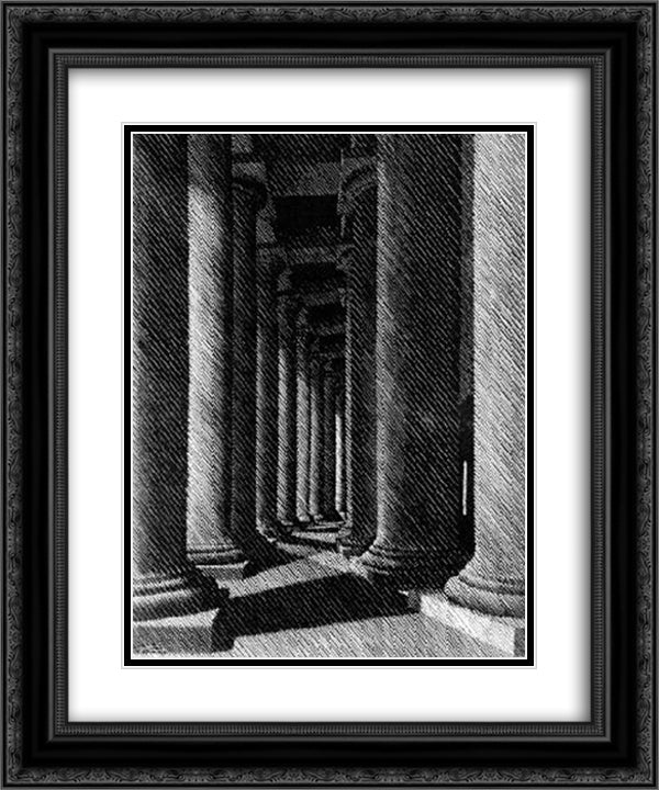 Nocturnal Rome, Colonade of St. Peter's 20x24 Black Ornate Wood Framed Art Print Poster with Double Matting by Escher, M.C.