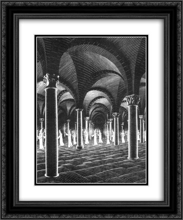 Procession in Crypt 20x24 Black Ornate Wood Framed Art Print Poster with Double Matting by Escher, M.C.