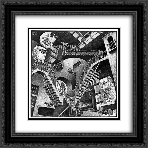 Relativity lattice 20x20 Black Ornate Wood Framed Art Print Poster with Double Matting by Escher, M.C.