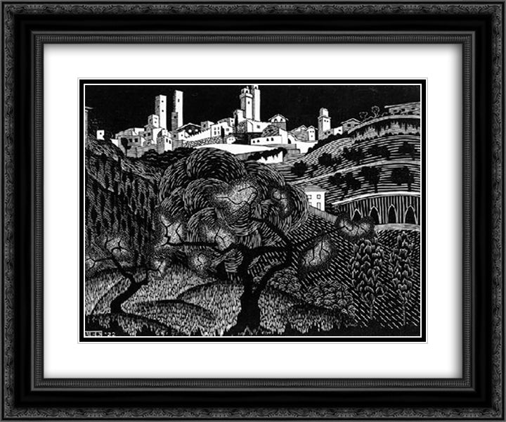 San Gimignano 24x20 Black Ornate Wood Framed Art Print Poster with Double Matting by Escher, M.C.