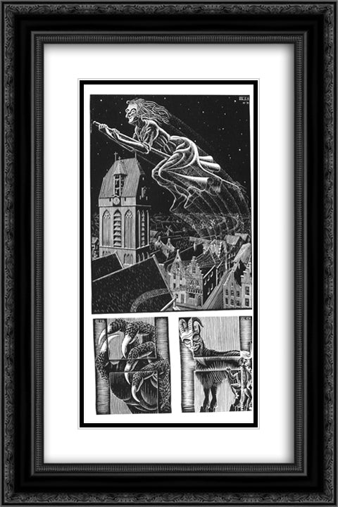 Scholastica (Flying Witch) 16x24 Black Ornate Wood Framed Art Print Poster with Double Matting by Escher, M.C.