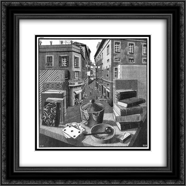 Still Life and Street 20x20 Black Ornate Wood Framed Art Print Poster with Double Matting by Escher, M.C.