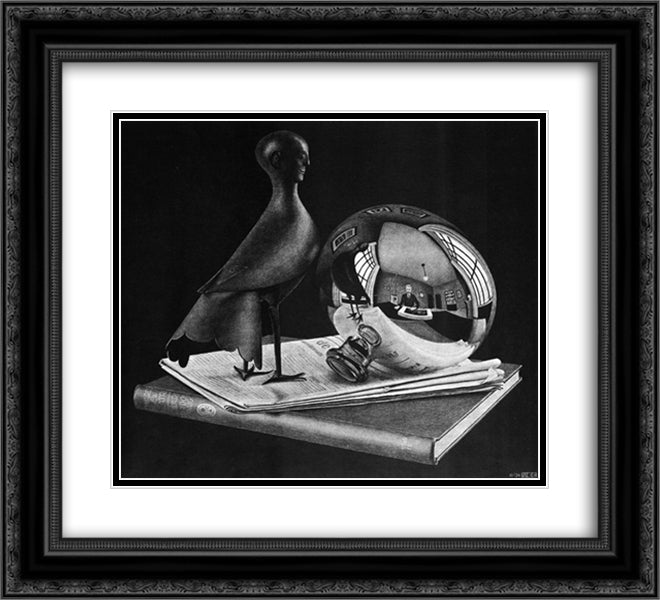 Still Life with Spherical Mirror 22x20 Black Ornate Wood Framed Art Print Poster with Double Matting by Escher, M.C.