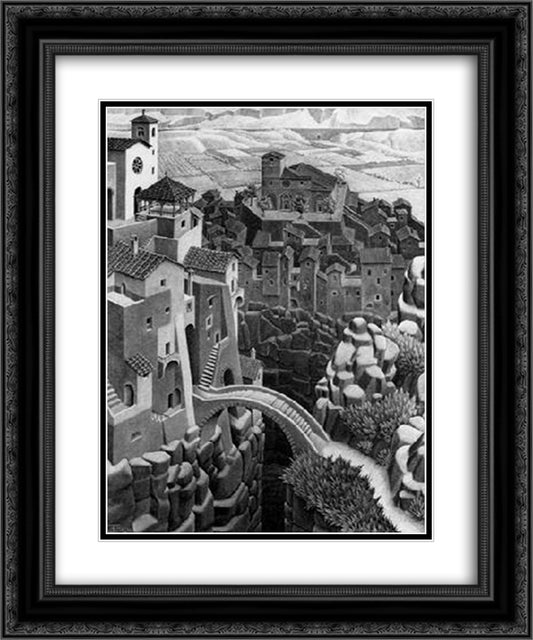 The Bridge 20x24 Black Ornate Wood Framed Art Print Poster with Double Matting by Escher, M.C.