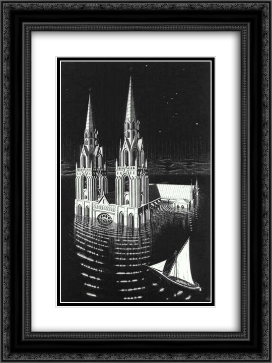 The Drowned Cathedral 18x24 Black Ornate Wood Framed Art Print Poster with Double Matting by Escher, M.C.