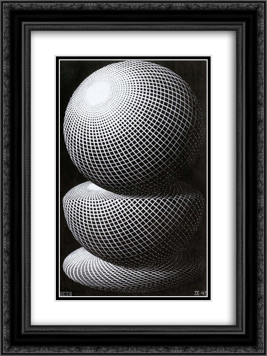 Three Spheres I 18x24 Black Ornate Wood Framed Art Print Poster with Double Matting by Escher, M.C.