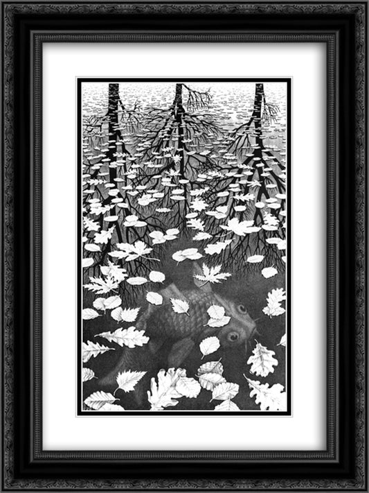 Three Worlds 18x24 Black Ornate Wood Framed Art Print Poster with Double Matting by Escher, M.C.