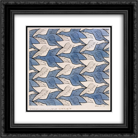 Two Birds 20x20 Black Ornate Wood Framed Art Print Poster with Double Matting by Escher, M.C.