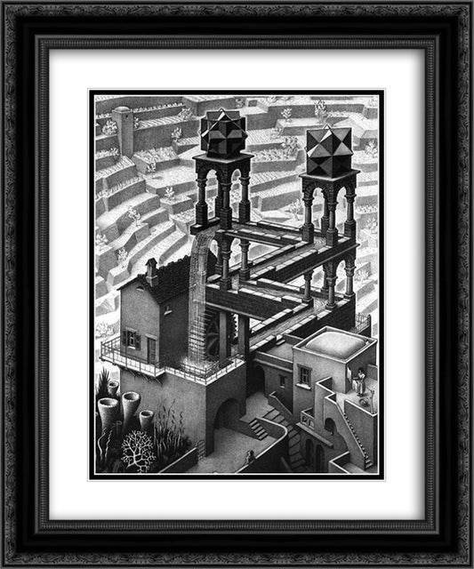 Waterfall 20x24 Black Ornate Wood Framed Art Print Poster with Double Matting by Escher, M.C.