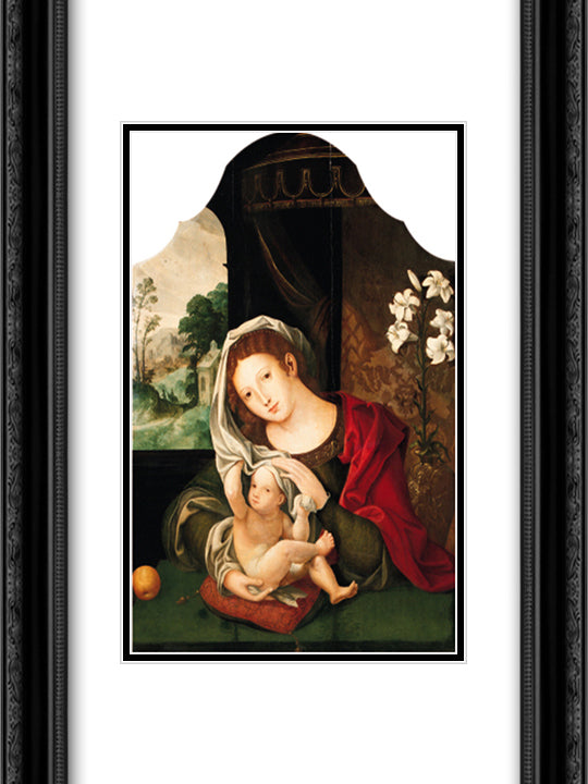 Madonna and Child playing with the veil 18x24 Black Ornate Wood Framed Art Print Poster with Double Matting by Mabuse