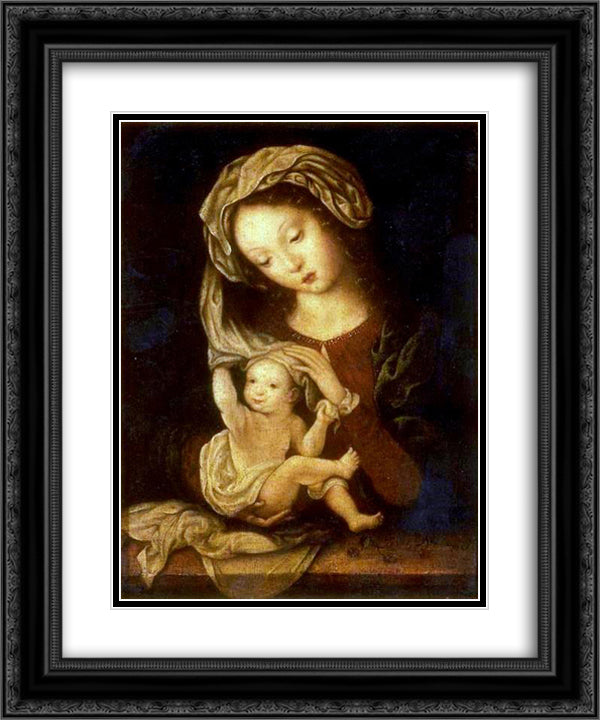 Madonna and Child with Cherries 20x24 Black Ornate Wood Framed Art Print Poster with Double Matting by Mabuse
