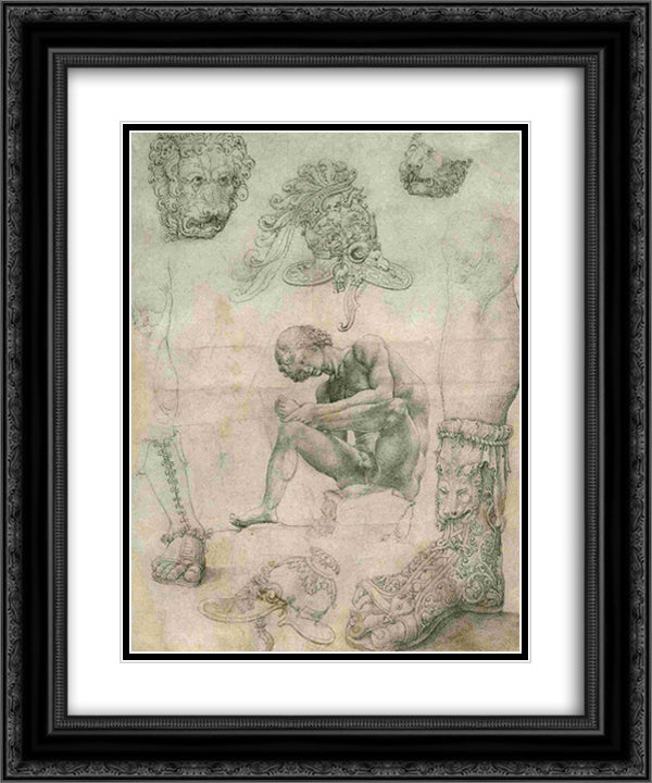 Sheet with a study after the Spinario and other sculptures 20x24 Black Ornate Wood Framed Art Print Poster with Double Matting by Mabuse