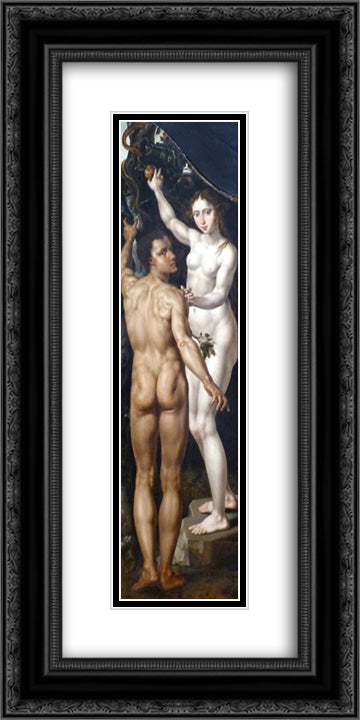 Adam and Eve 12x24 Black Ornate Wood Framed Art Print Poster with Double Matting by van Heemskerck, Maerten