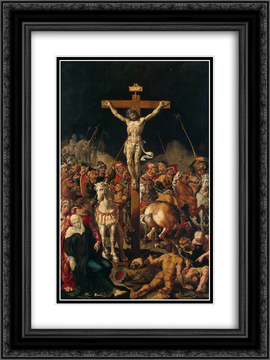 Calvary, central panel of a triptych 18x24 Black Ornate Wood Framed Art Print Poster with Double Matting by van Heemskerck, Maerten