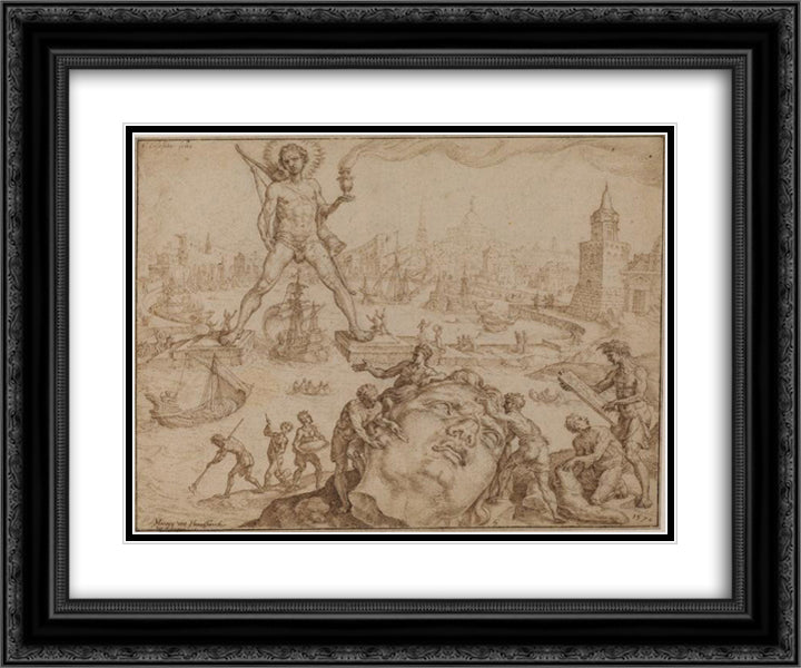 Colossus of Rhodes 24x20 Black Ornate Wood Framed Art Print Poster with Double Matting by van Heemskerck, Maerten