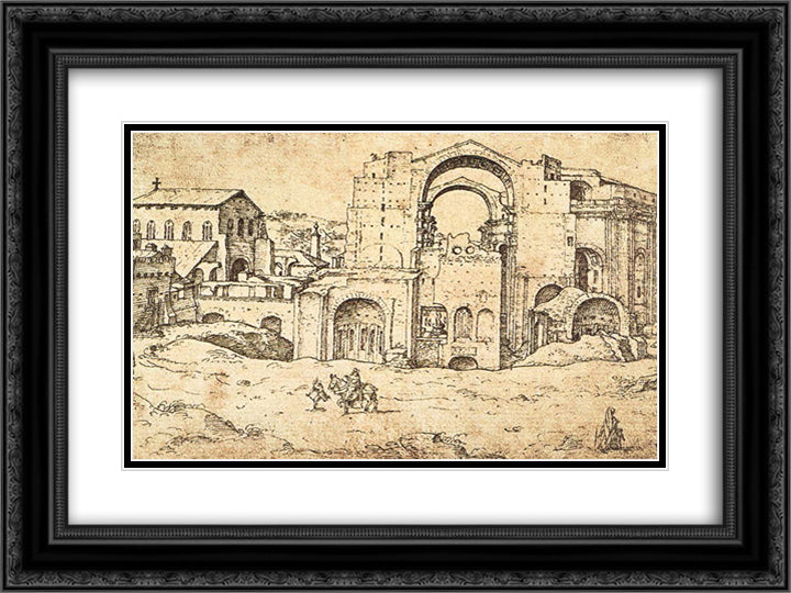 Construction of the new St Peter's Basilica in Rome 24x18 Black Ornate Wood Framed Art Print Poster with Double Matting by van Heemskerck, Maerten