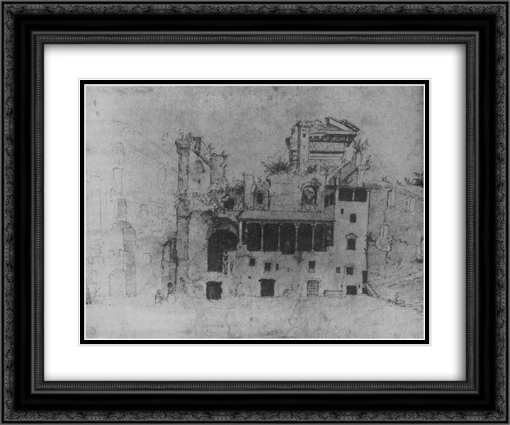Early Palazzo Colonna with remains of the ancient Temple of Serapis 24x20 Black Ornate Wood Framed Art Print Poster with Double Matting by van Heemskerck, Maerten