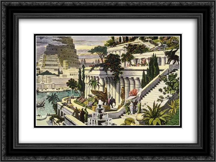 Hanging Gardens of Babylon 24x18 Black Ornate Wood Framed Art Print Poster with Double Matting by van Heemskerck, Maerten