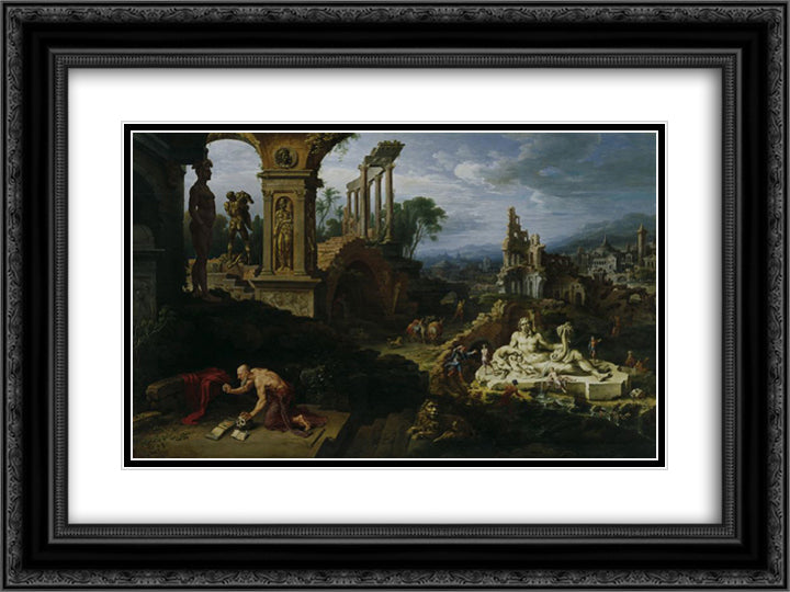 Landscape with St. Jerome 24x18 Black Ornate Wood Framed Art Print Poster with Double Matting by van Heemskerck, Maerten